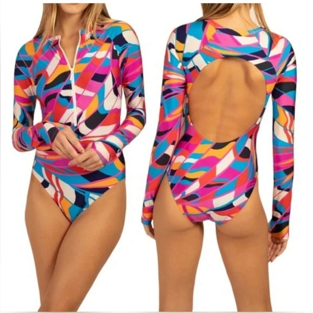 Trina Turk Vivid Pink & Orange Vista Long-Sleeve One Piece Swimsuit - Size XL - Picture 3 of 9